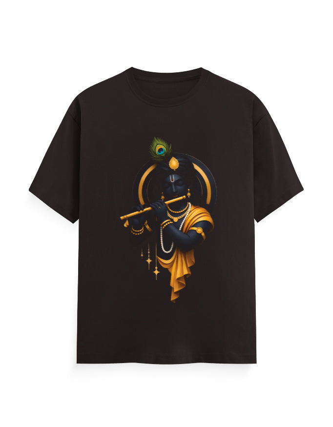 Unisex Classic Crew T-Shirt – Krishna Playing Flute Coffee Brown GlowZonePrints