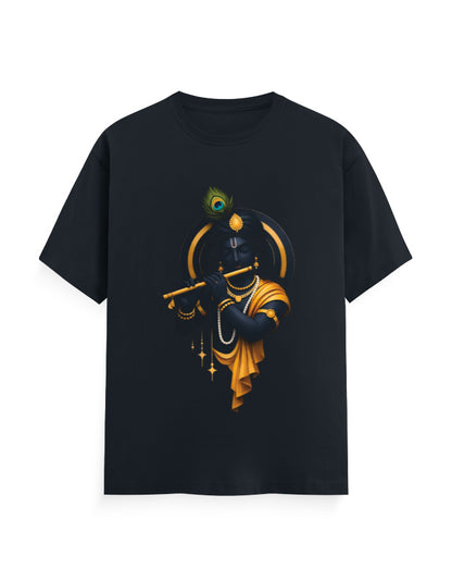 Unisex Classic Crew T-Shirt – Krishna Playing Flute Navy Blue GlowZonePrints