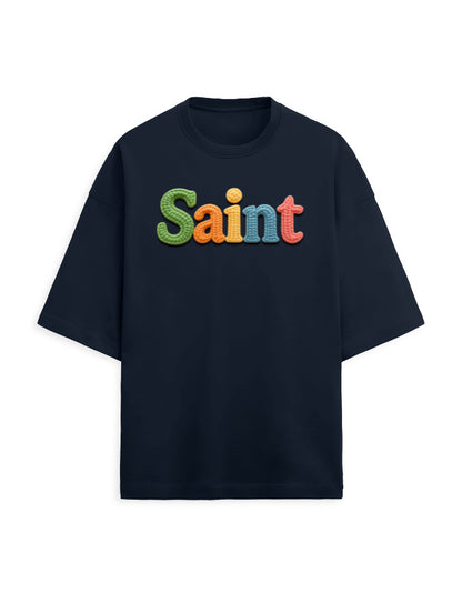 Unisex Terry Oversized Tee – Woolen SAINT Text Edition Navy Blue - Woolen Text Effect GlowZonePrints