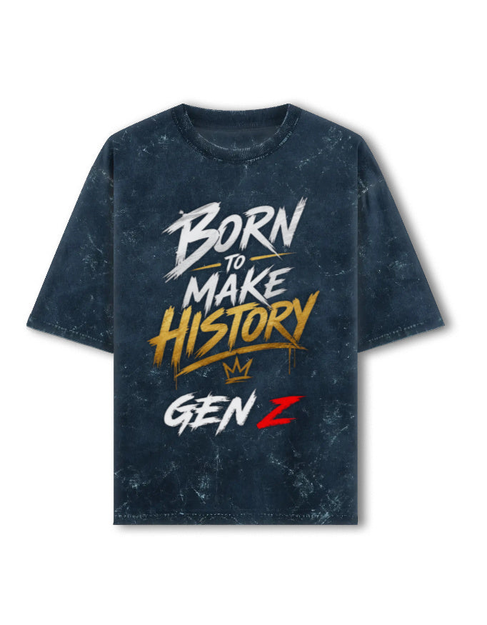 Unisex Acid Washed Oversized Tee – Born to Make History Gen-Z Navy Blue GlowZonePrints