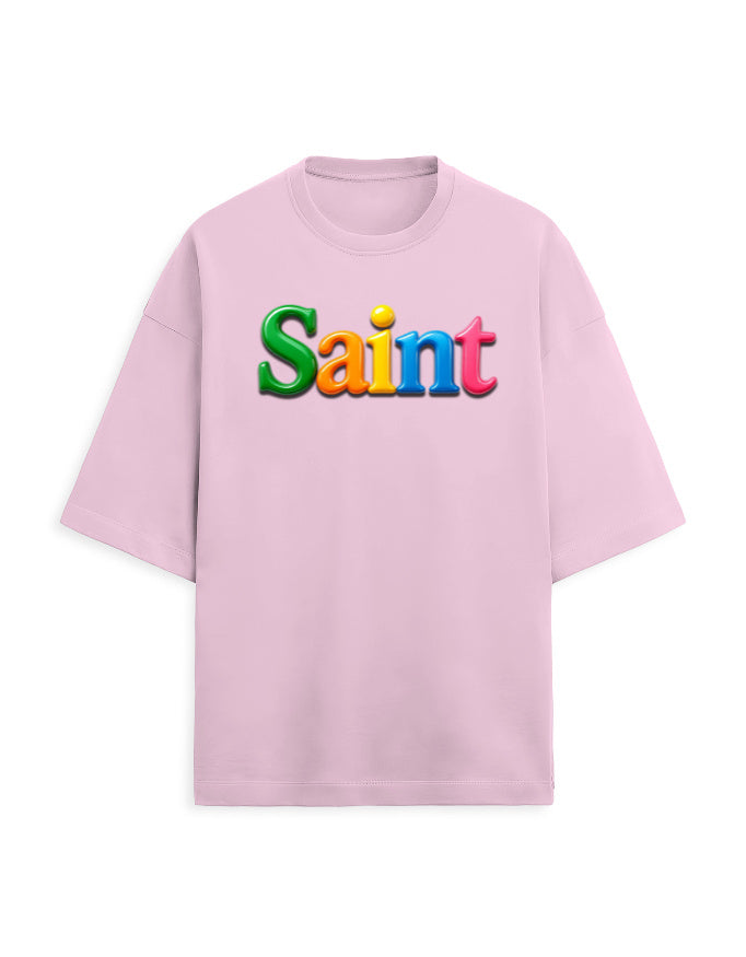 Unisex Terry Oversized Tee – Glossy SAINT Text Edition Light Baby Pink - Glossy Text Effect GlowZonePrints