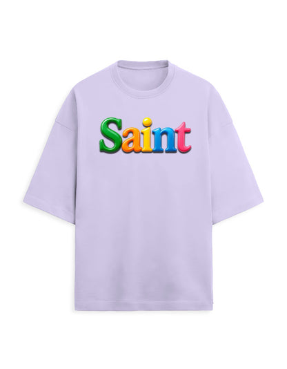 Unisex Terry Oversized Tee – Glossy SAINT Text Edition Lavender - Glossy Text Effect GlowZonePrints