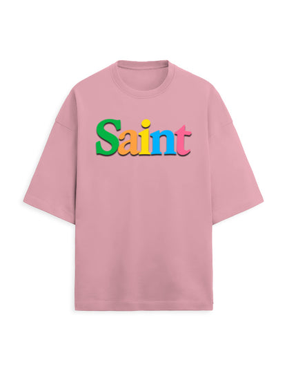 Unisex Terry Oversized Tee – Plain SAINT Text Effect Flamingo - Plain Text Effect GlowZonePrints