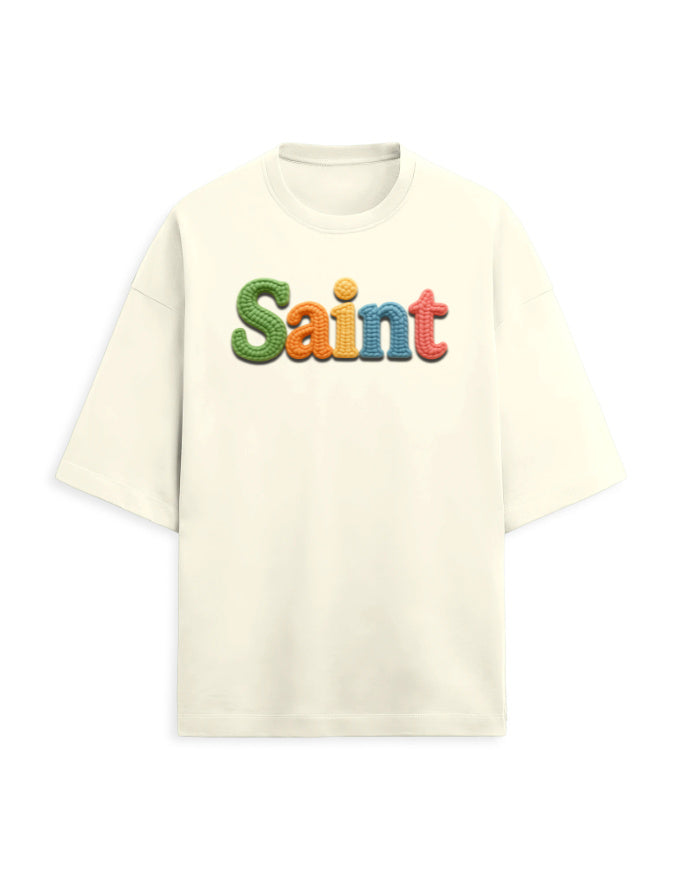 Unisex Terry Oversized Tee – Woolen SAINT Text Edition Off White - Woolen Text Effect GlowZonePrints