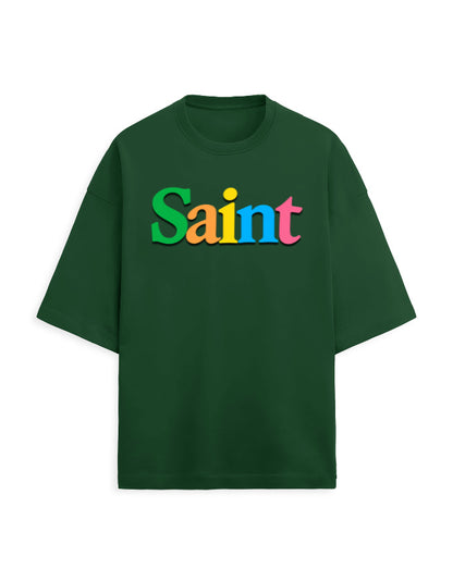 Unisex Terry Oversized Tee – Plain SAINT Text Effect Bottle Green - Plain Text Effect GlowZonePrints