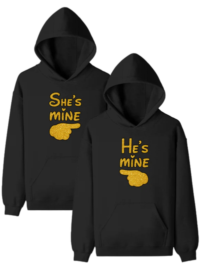 She's Mine & He's Mine Couple Hoodies Black GlowZonePrints