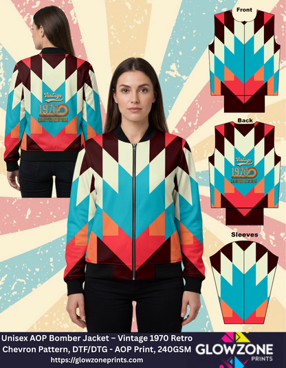 Unisex AOP Bomber Jacket – Vintage 1970 Retro Chevron Pattern GlowZonePrints