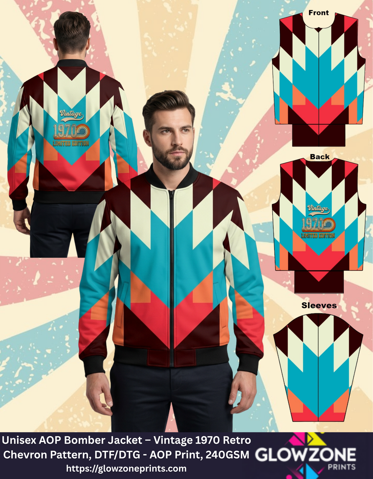 Unisex AOP Bomber Jacket – Vintage 1970 Retro Chevron Pattern GlowZonePrints