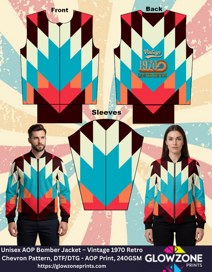 Unisex AOP Bomber Jacket – Vintage 1970 Retro Chevron Pattern GlowZonePrints