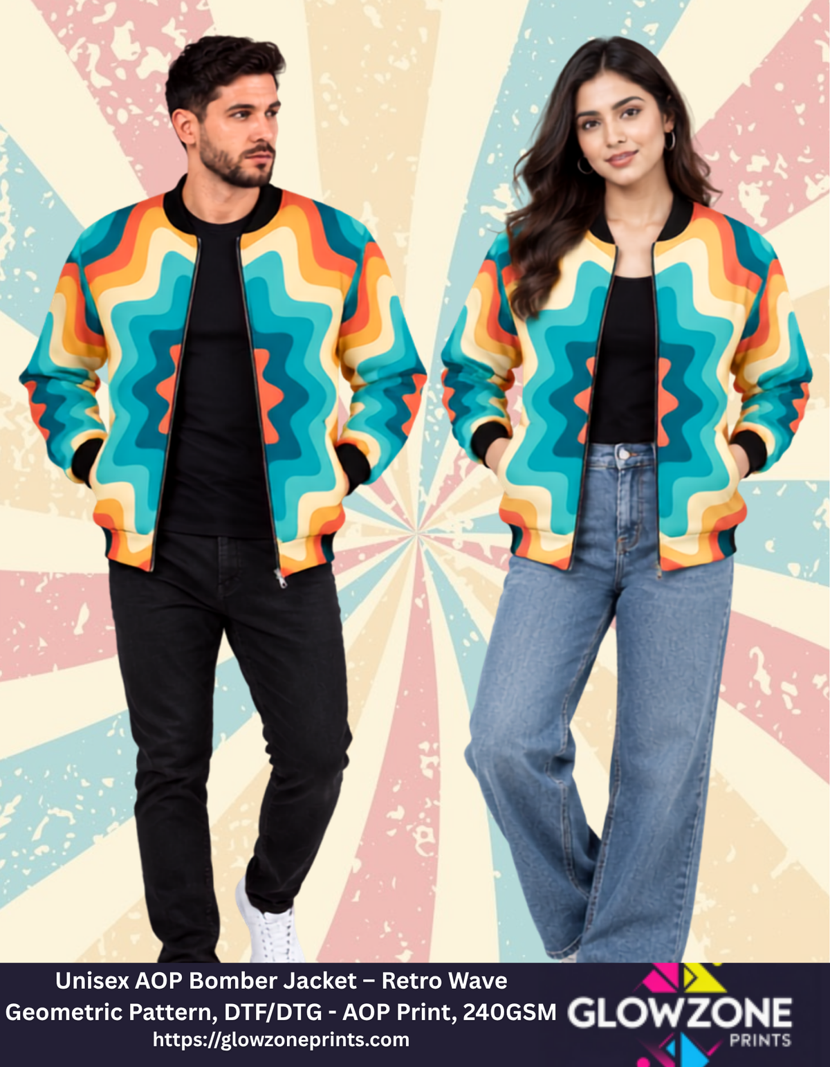 Unisex AOP Bomber Jacket – Retro Wave Geometric Pattern Retro Vintage GlowZonePrints