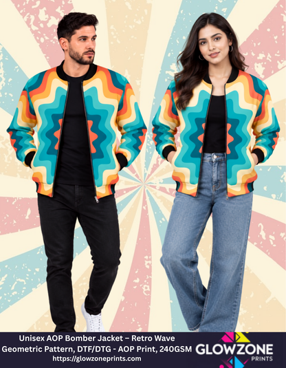 Unisex AOP Bomber Jacket – Retro Wave Geometric Pattern Retro Vintage GlowZonePrints