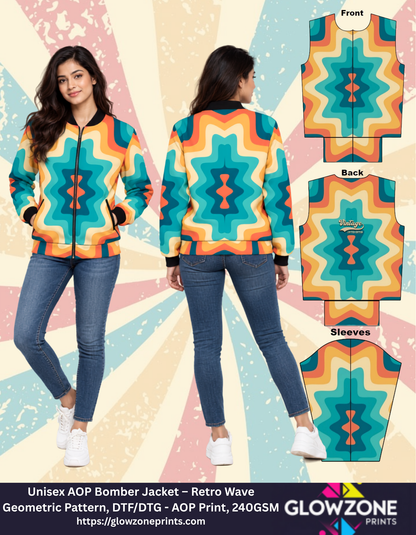 Unisex AOP Bomber Jacket – Retro Wave Geometric Pattern GlowZonePrints