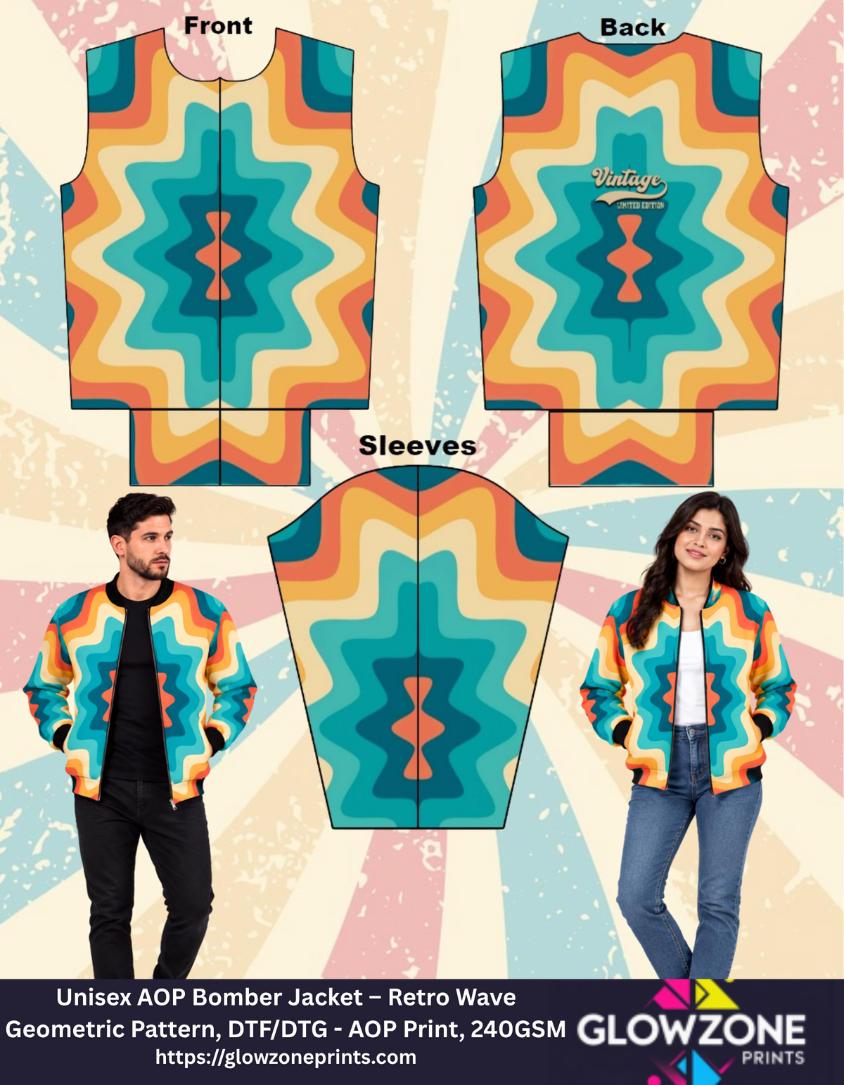 Unisex AOP Bomber Jacket – Retro Wave Geometric Pattern GlowZonePrints