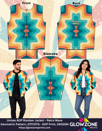 Unisex AOP Bomber Jacket – Retro Wave Geometric Pattern GlowZonePrints