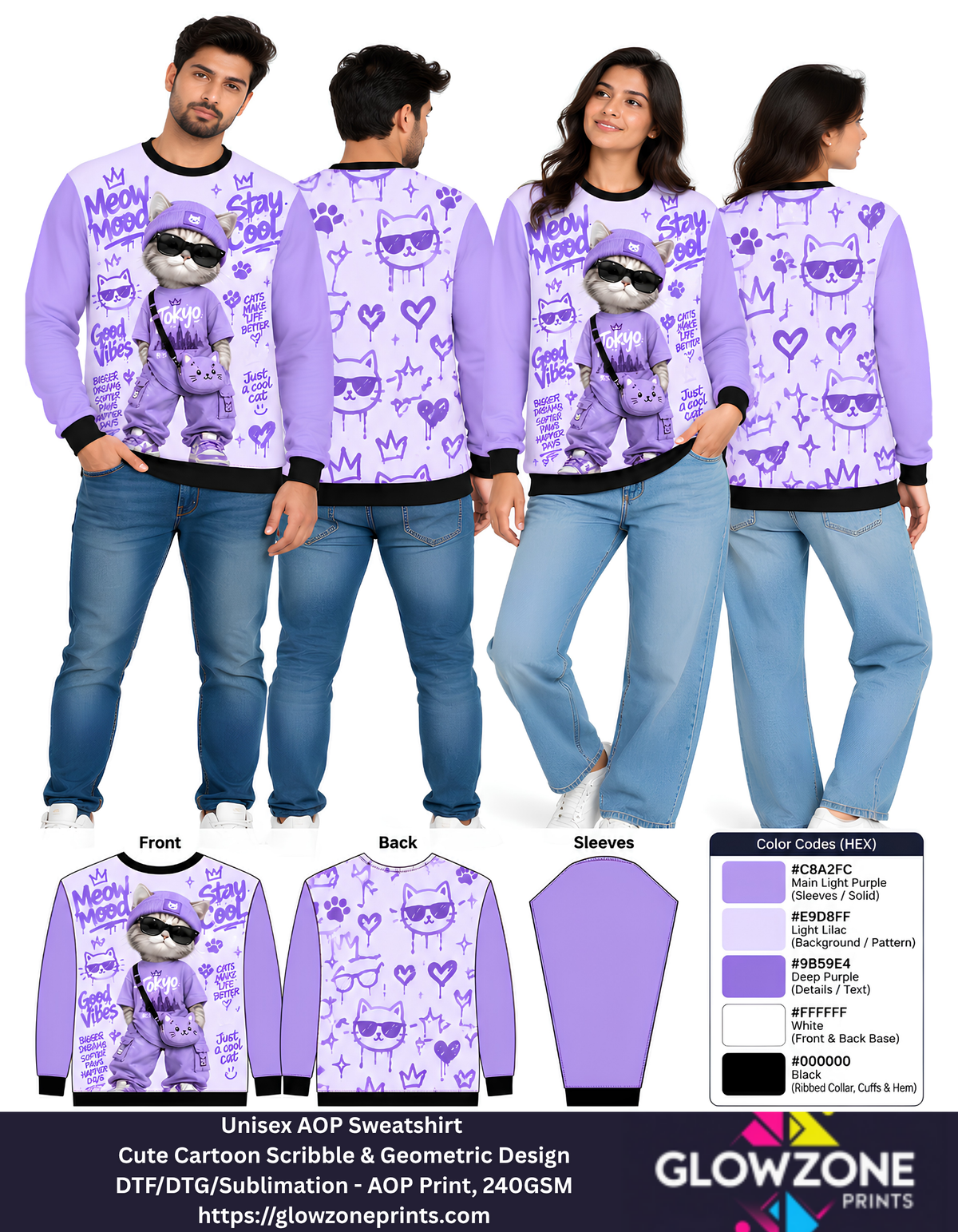 Unisex Animal Cartoon Sweatshirt - Cute Scribble & Geometric Print Cat Purple GlowZonePrints