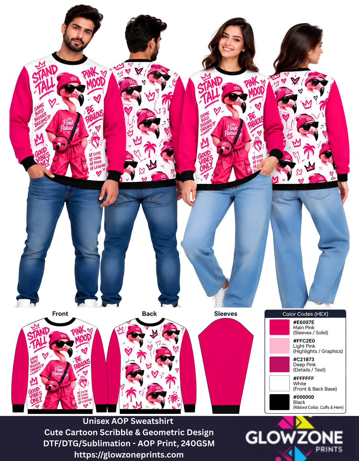 Unisex Animal Cartoon Sweatshirt - Cute Scribble & Geometric Print Flamingo Pink GlowZonePrints