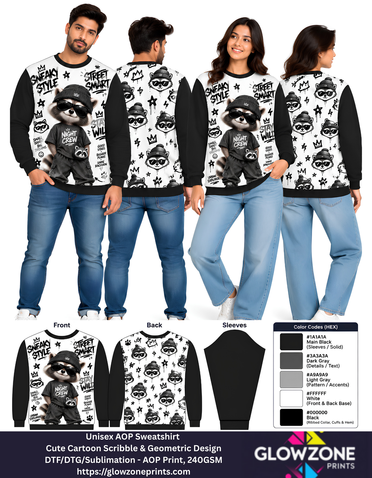 Unisex Animal Cartoon Sweatshirt - Cute Scribble & Geometric Print Raccoon Black GlowZonePrints