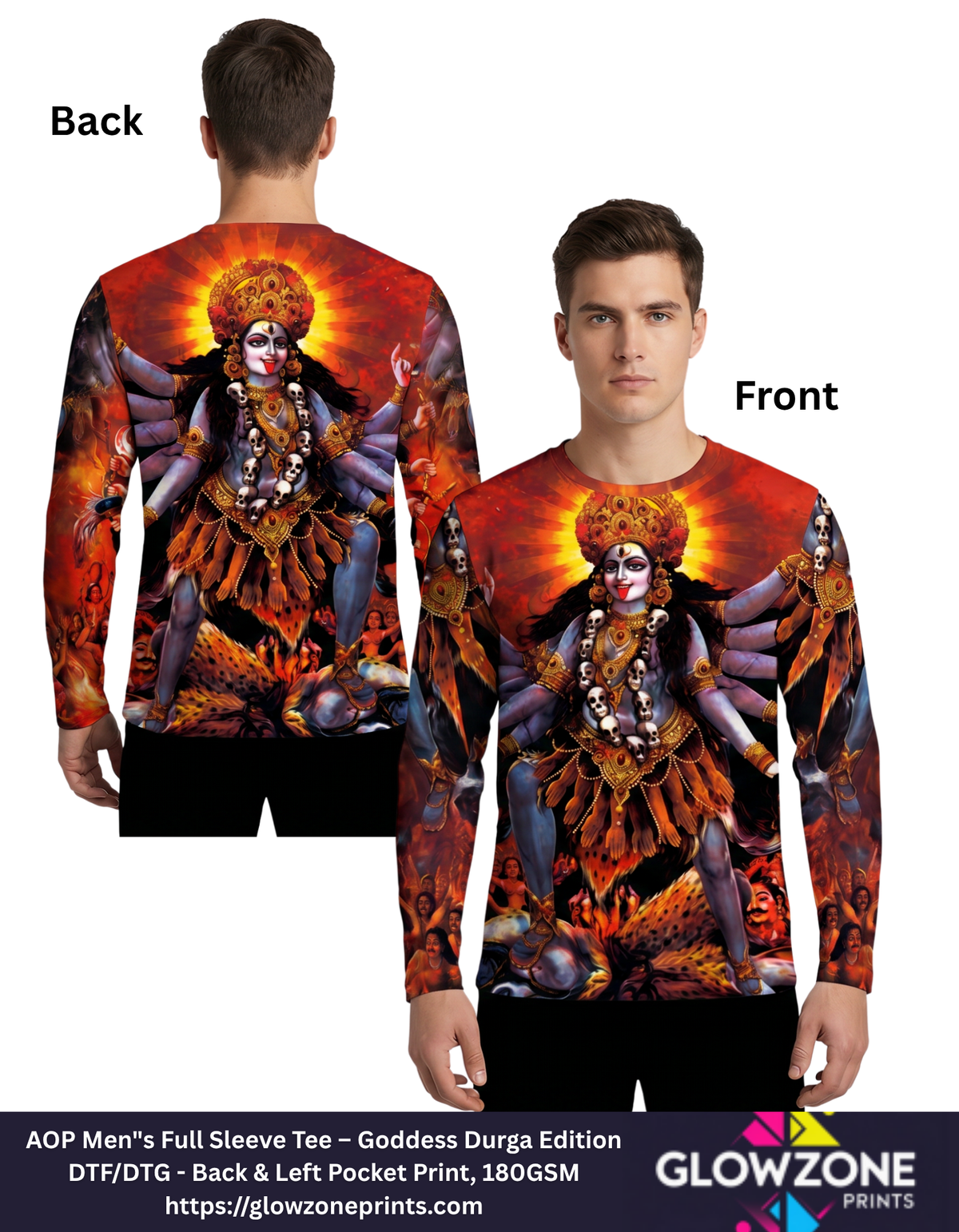 AOP Men"s Full Sleeve Tee – Goddess Durga Edition GlowZonePrints
