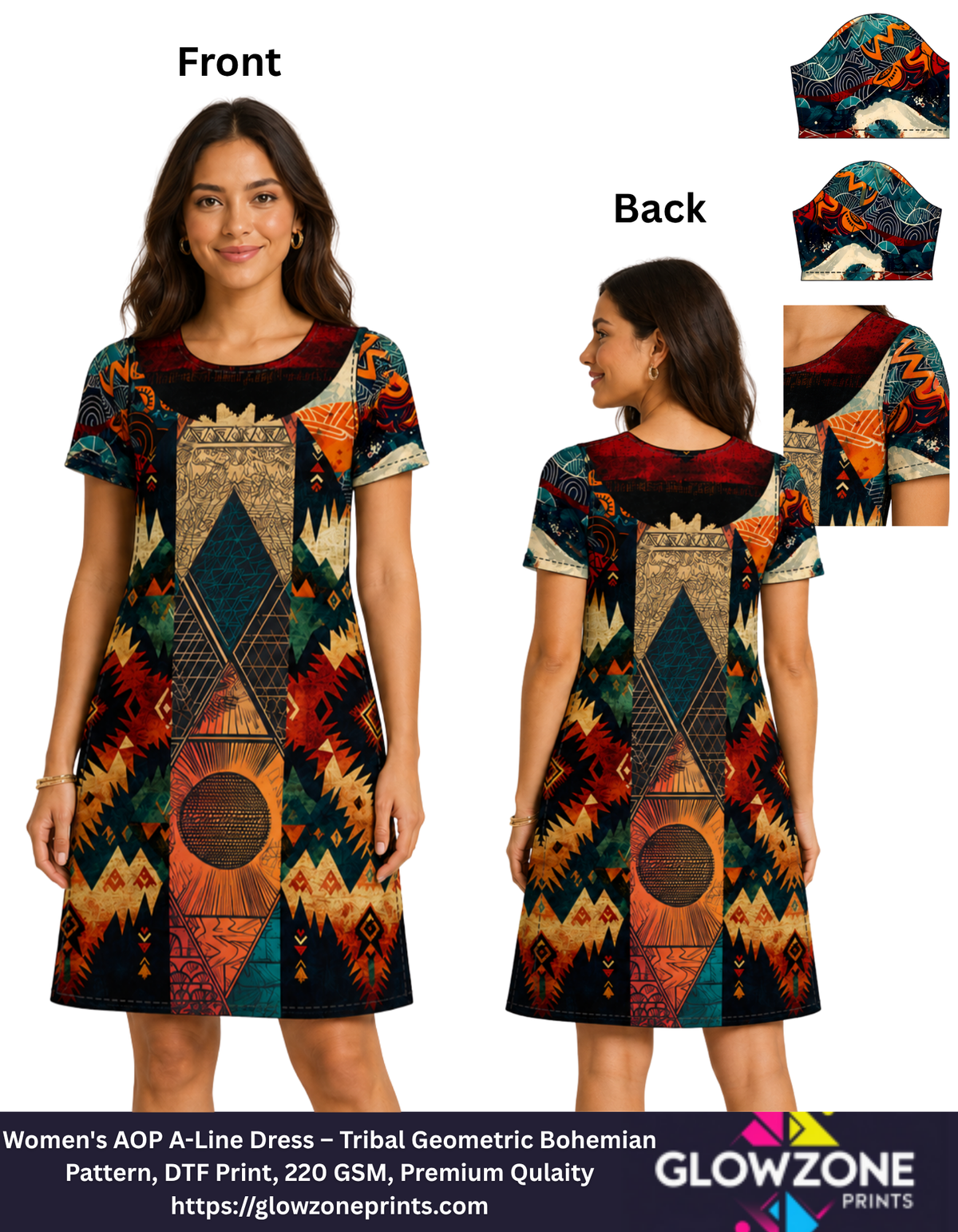 Women's AOP A-Line Dress – Tribal Geometric Bohemian Pattern Tribal Geometric Bohemian Pattern GlowZonePrints