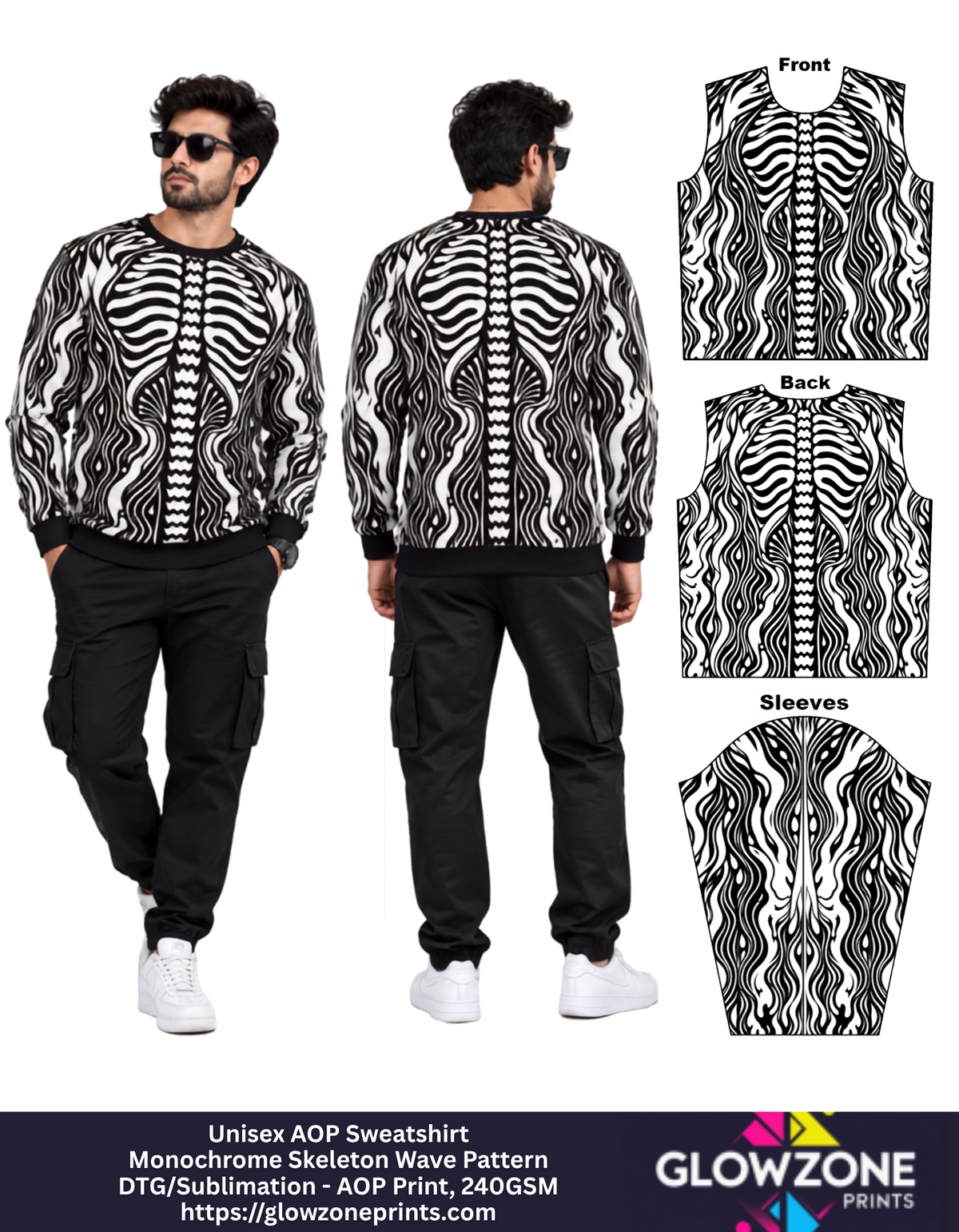 Unisex AOP Sweatshirt – Monochrome Skeleton Wave Pattern GlowZonePrints