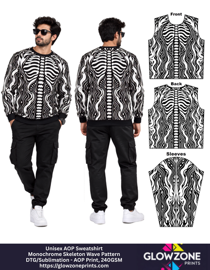 Unisex AOP Sweatshirt – Monochrome Skeleton Wave Pattern GlowZonePrints