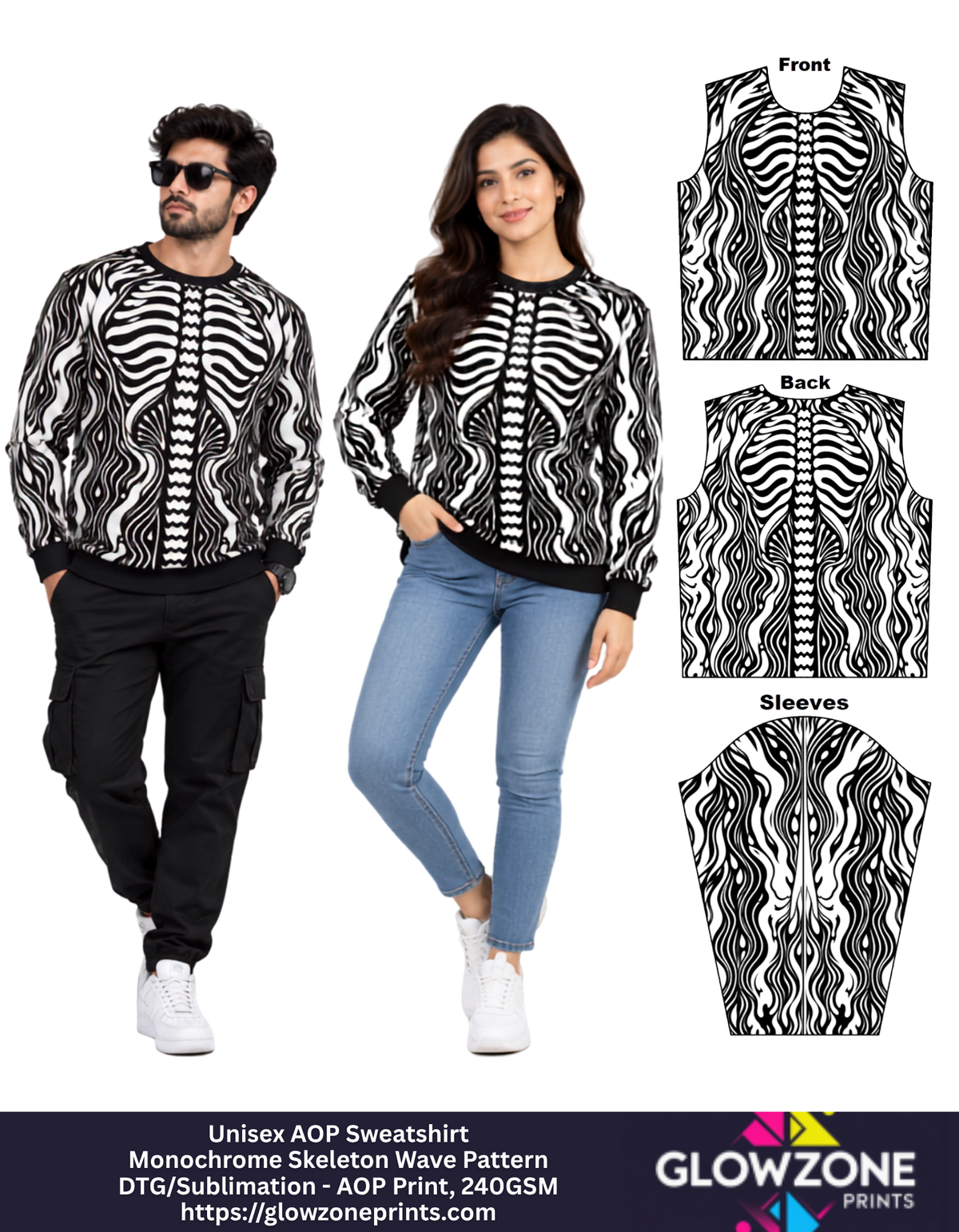 Unisex AOP Sweatshirt – Monochrome Skeleton Wave Pattern Skeleton Wave Pattern GlowZonePrints