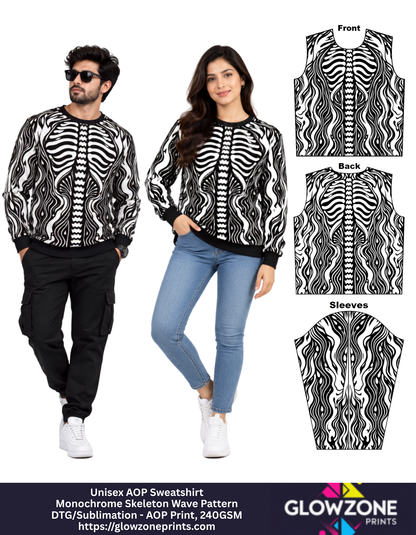 Unisex AOP Sweatshirt – Monochrome Skeleton Wave Pattern Skeleton Wave Pattern GlowZonePrints