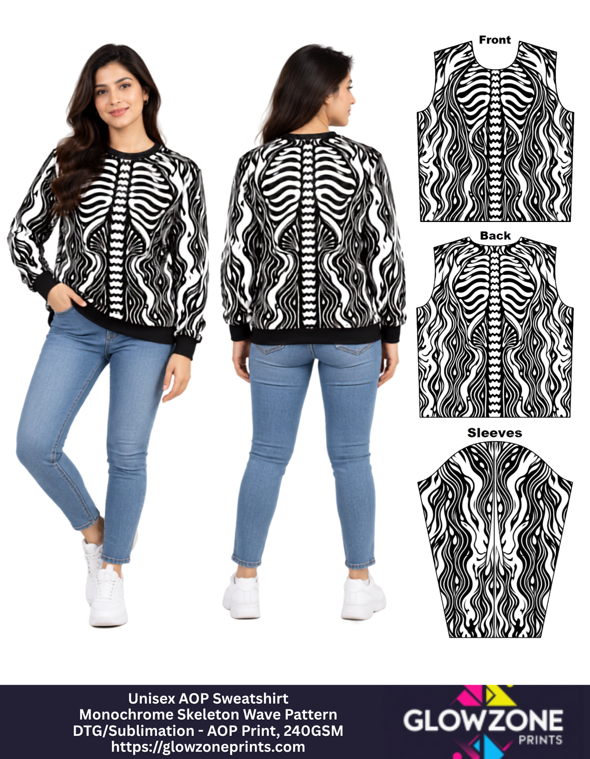 Unisex AOP Sweatshirt – Monochrome Skeleton Wave Pattern GlowZonePrints