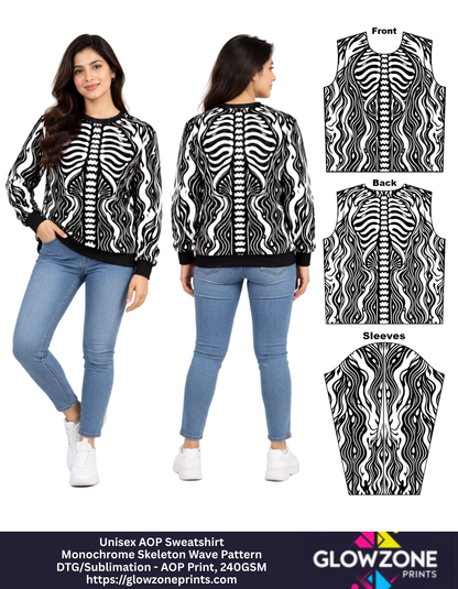 Unisex AOP Sweatshirt – Monochrome Skeleton Wave Pattern GlowZonePrints