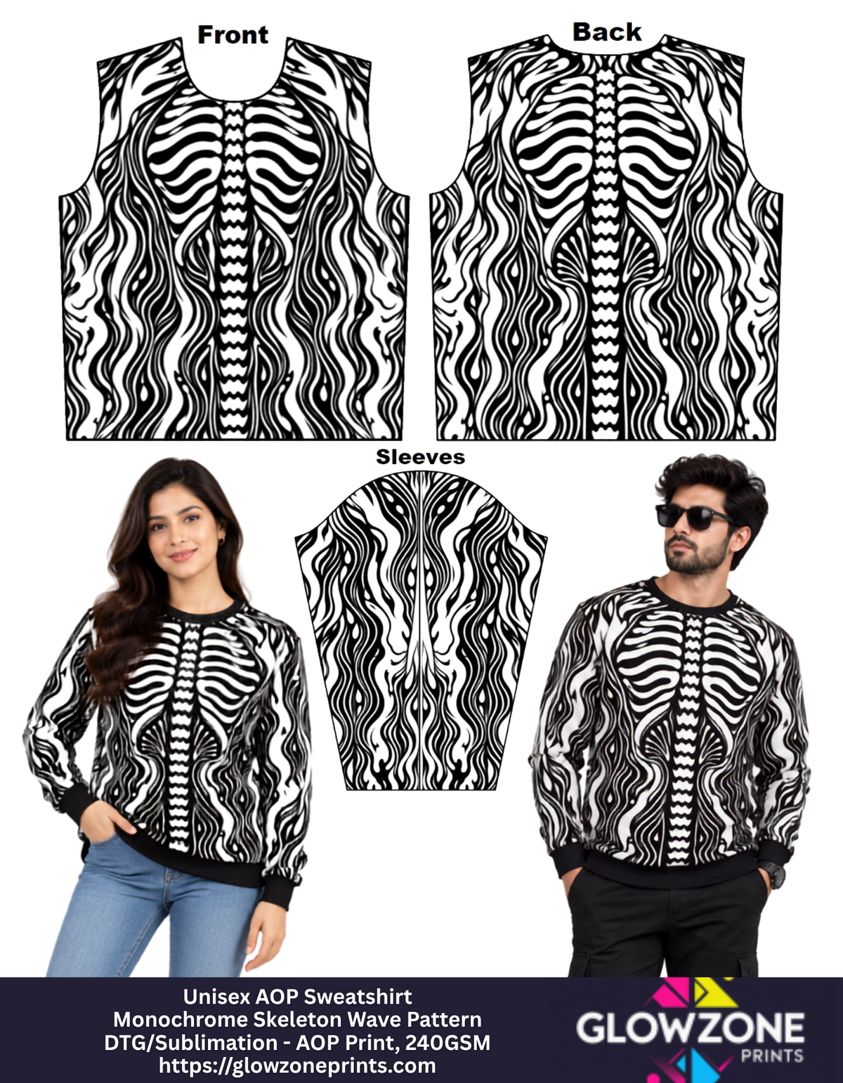 Unisex AOP Sweatshirt – Monochrome Skeleton Wave Pattern GlowZonePrints