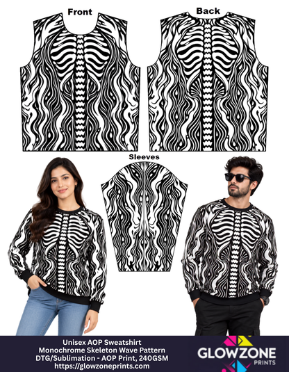 Unisex AOP Sweatshirt – Monochrome Skeleton Wave Pattern GlowZonePrints