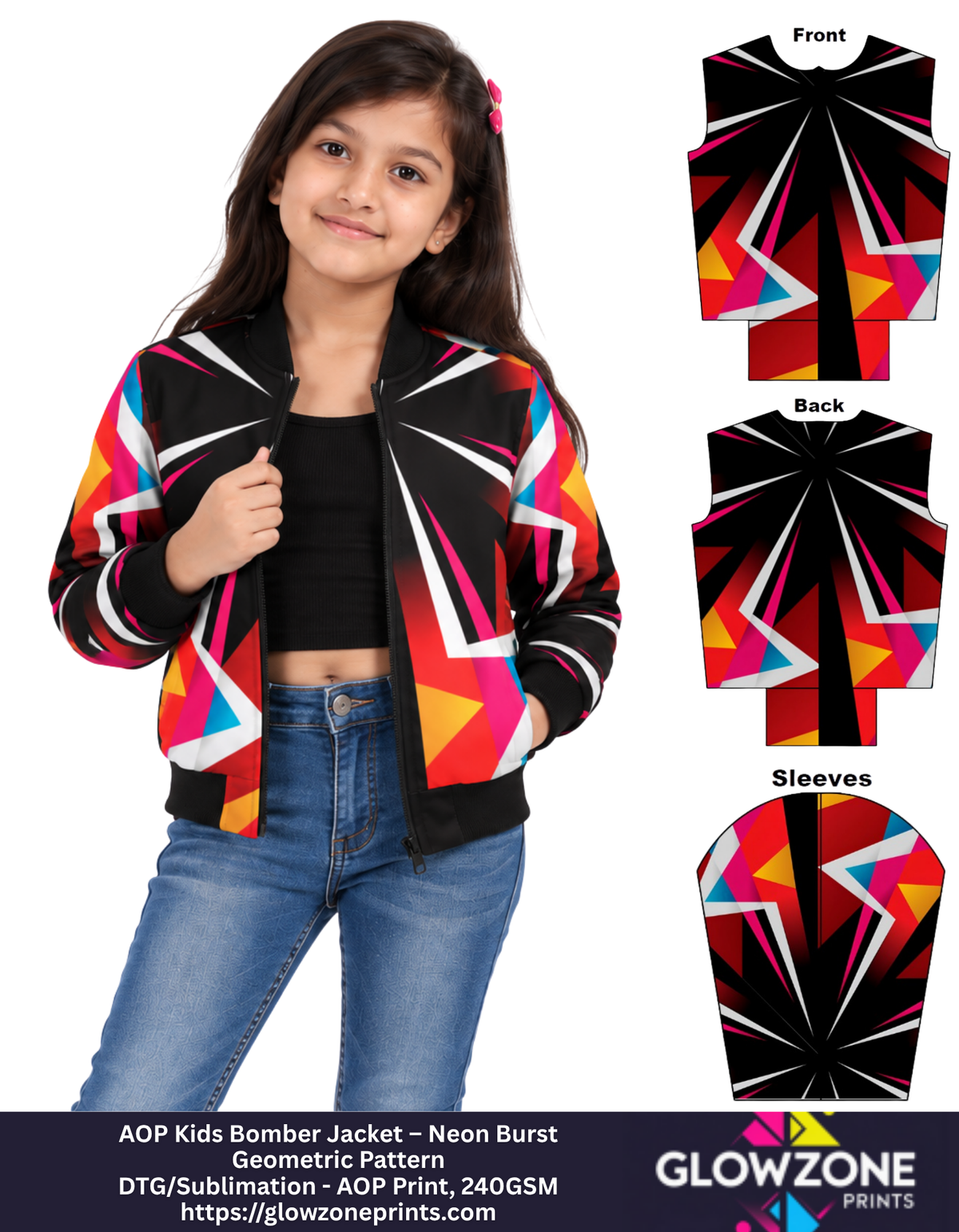 AOP Kids Bomber Jacket – Neon Burst Geometric Pattern GlowZonePrints