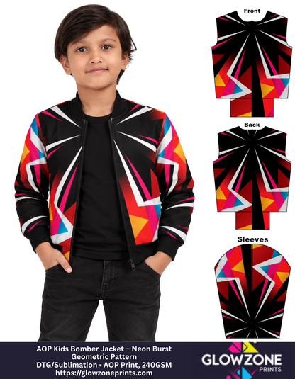 AOP Kids Bomber Jacket – Neon Burst Geometric Pattern GlowZonePrints