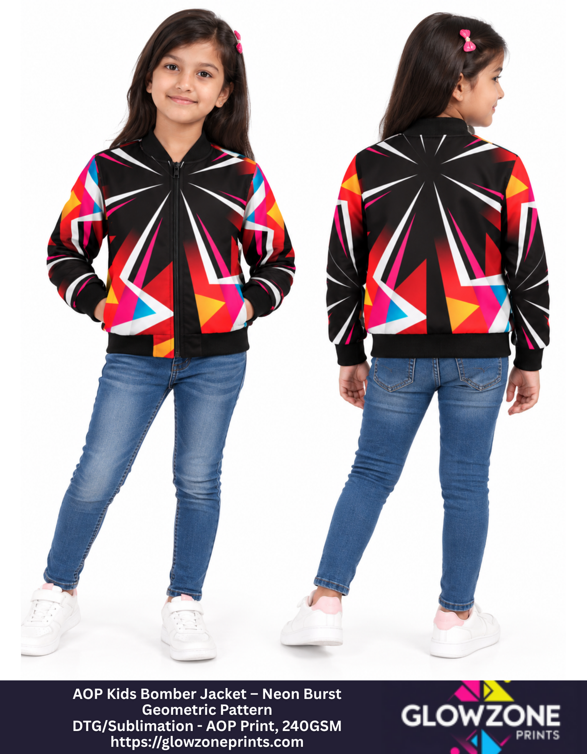AOP Kids Bomber Jacket – Neon Burst Geometric Pattern GlowZonePrints
