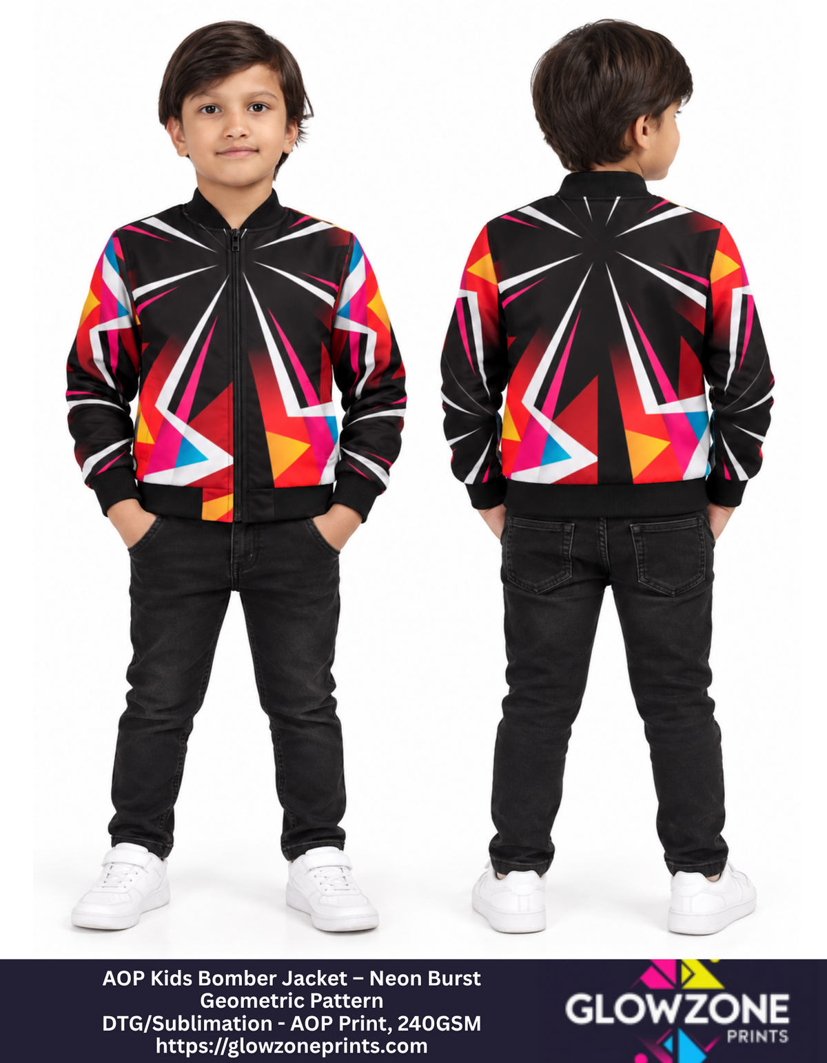 AOP Kids Bomber Jacket – Neon Burst Geometric Pattern GlowZonePrints