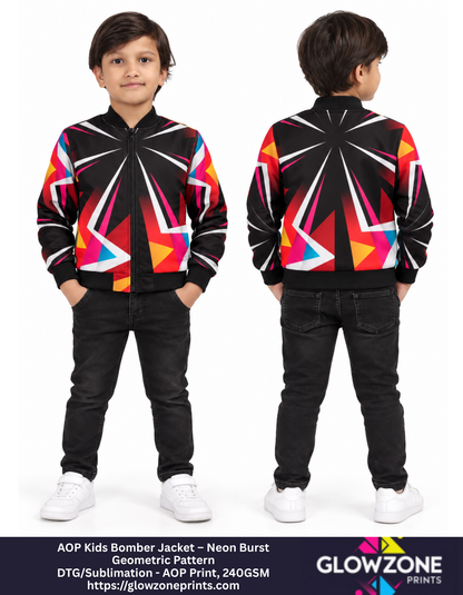 AOP Kids Bomber Jacket – Neon Burst Geometric Pattern GlowZonePrints