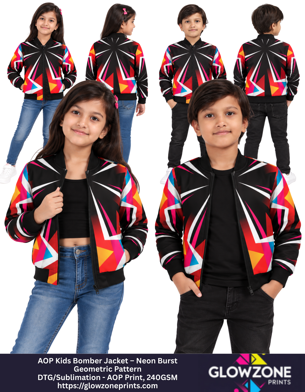 AOP Kids Bomber Jacket – Neon Burst Geometric Pattern Neon Geometric Pattern GlowZonePrints