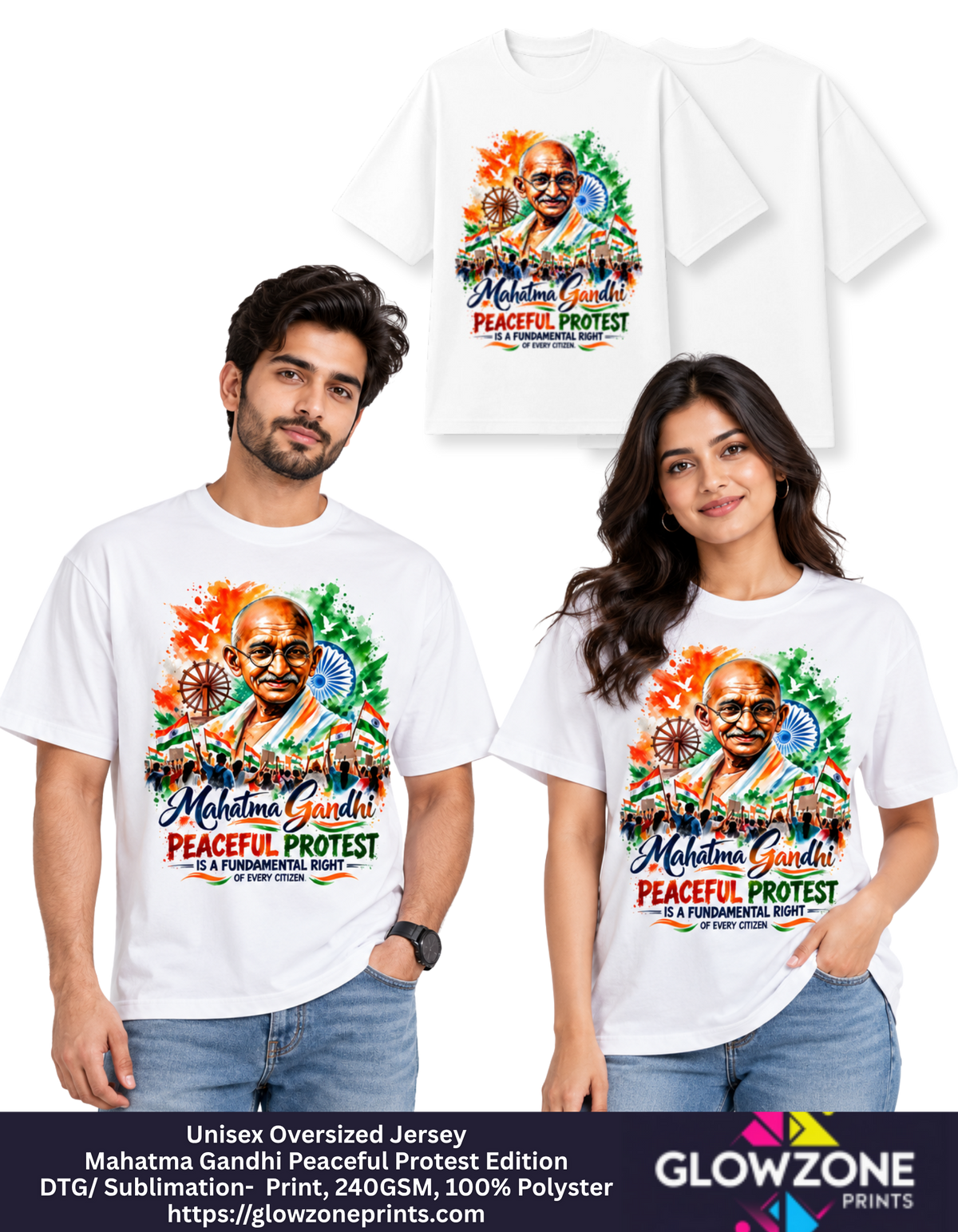 Unisex Oversized Jersey – Mahatma Gandhi Peaceful Protest Edition White Unisex Oversized Jersey GlowZonePrints