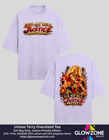 Unisex Terry Oversized Tee – Evil May Rule, Justice Prevails Edition Lavender GlowZonePrints