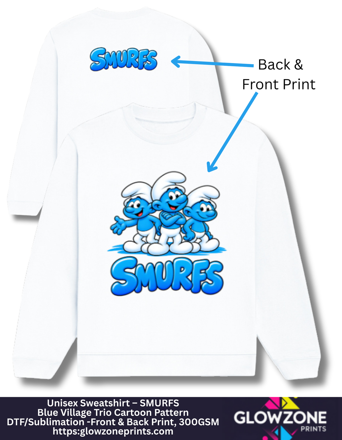Unisex Sweatshirt – Blue Village Trio Cartoon Pattern White GlowZonePrints