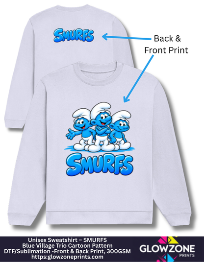 Unisex Sweatshirt – Blue Village Trio Cartoon Pattern Lavender GlowZonePrints