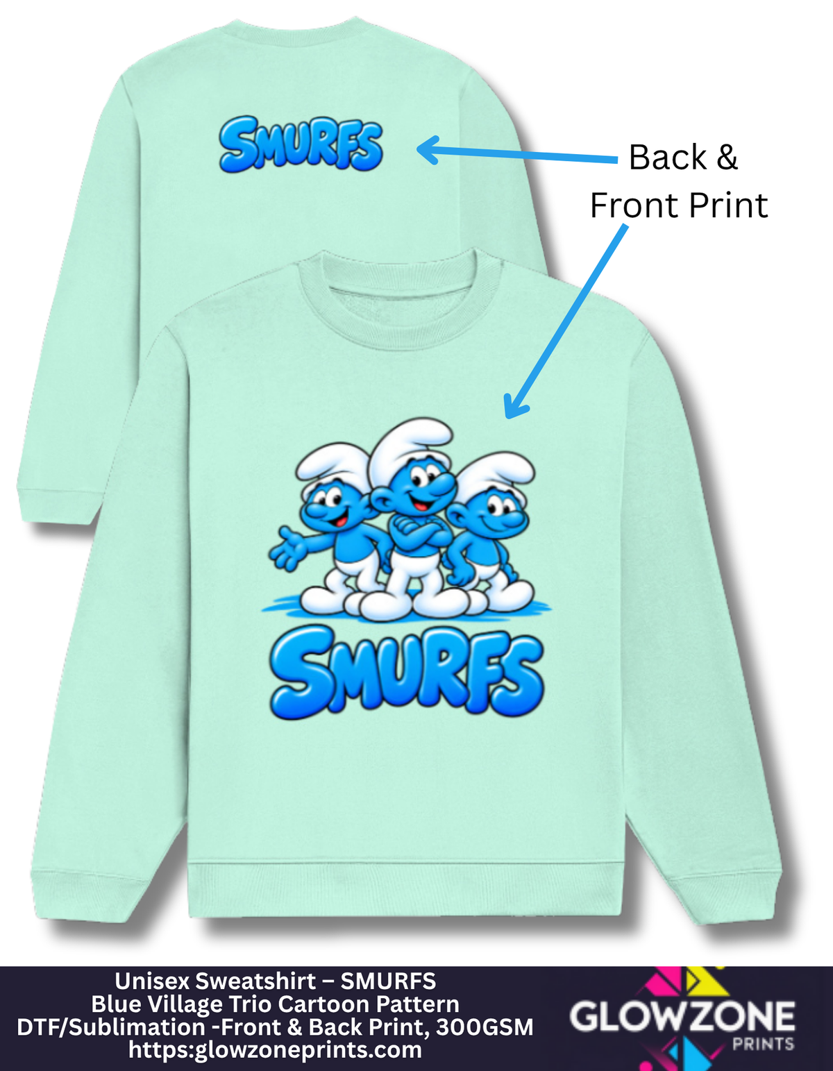 Unisex Sweatshirt – Blue Village Trio Cartoon Pattern Mint GlowZonePrints
