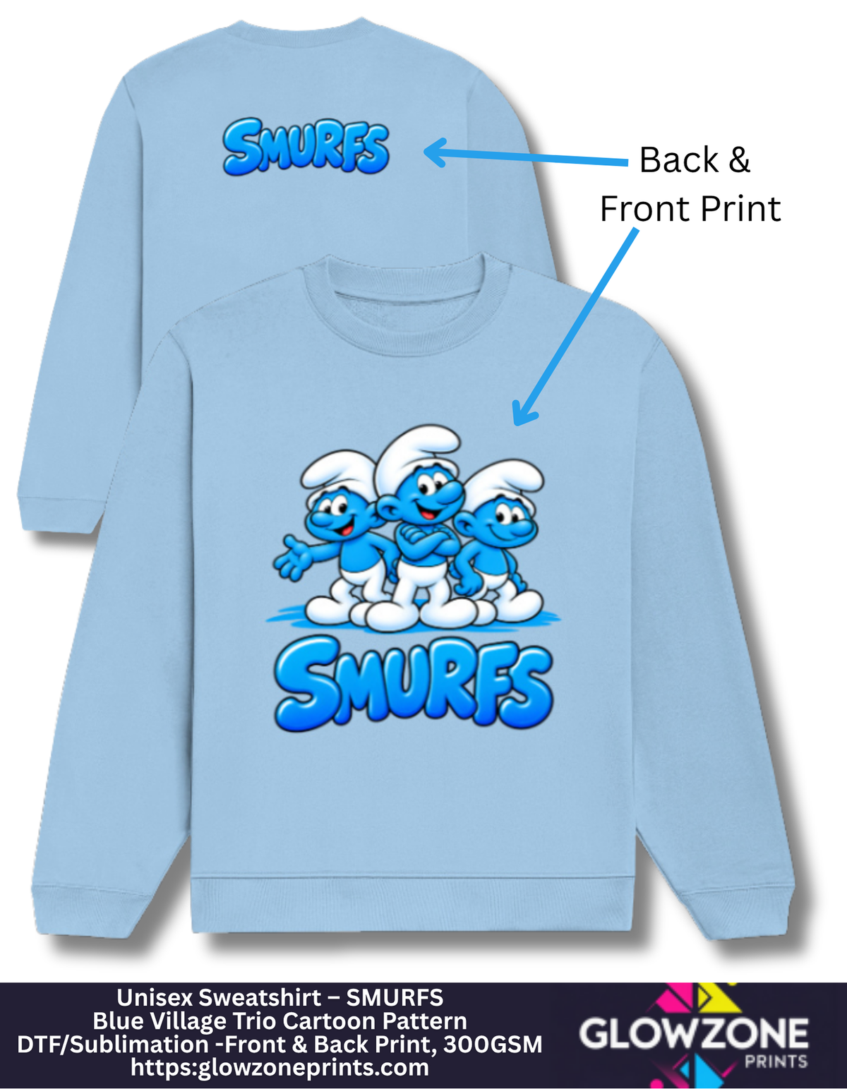 Unisex Sweatshirt – Blue Village Trio Cartoon Pattern Baby Blue GlowZonePrints