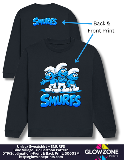 Unisex Sweatshirt – Blue Village Trio Cartoon Pattern Navy Blue GlowZonePrints