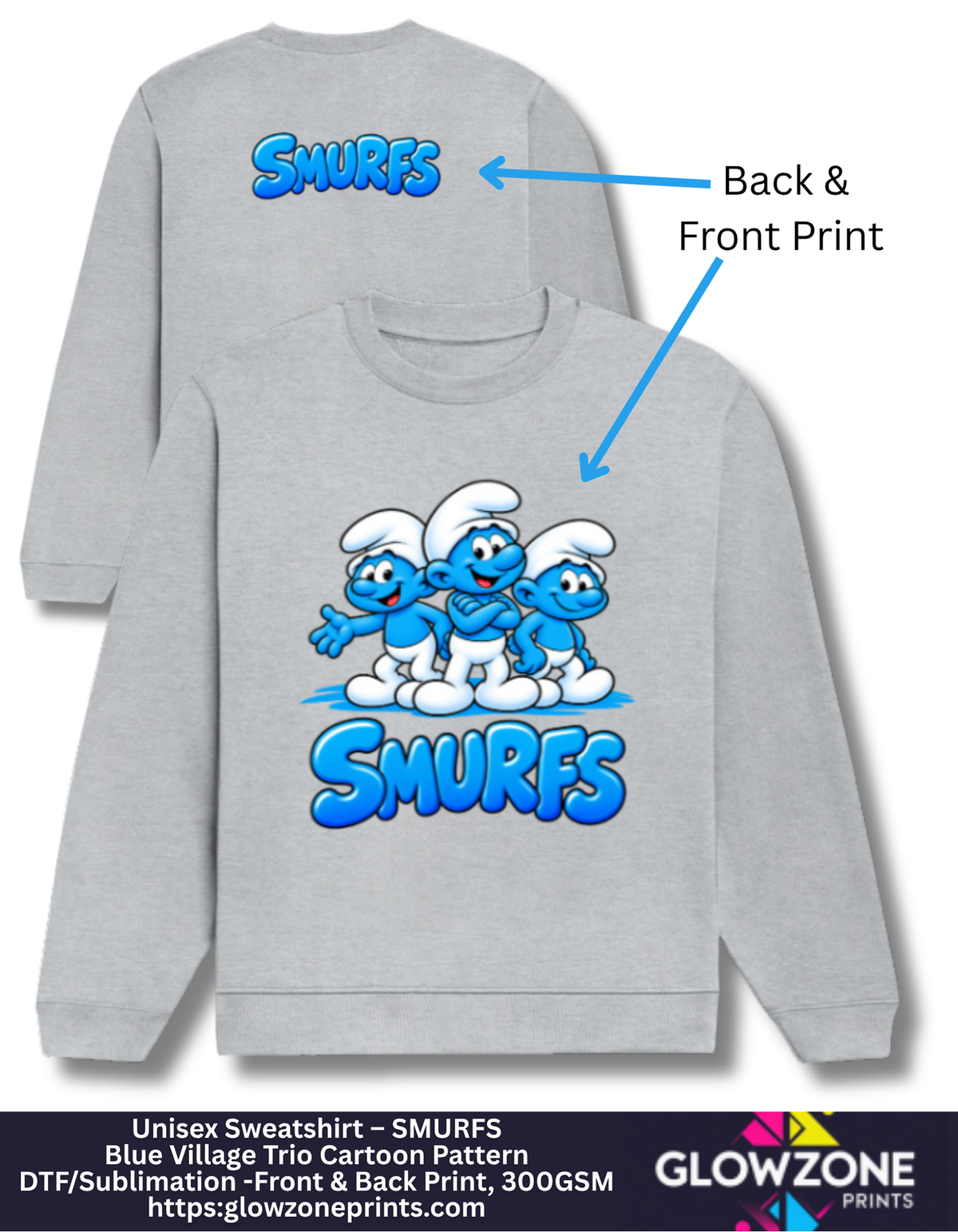 Unisex Sweatshirt – Blue Village Trio Cartoon Pattern Grey Melange GlowZonePrints