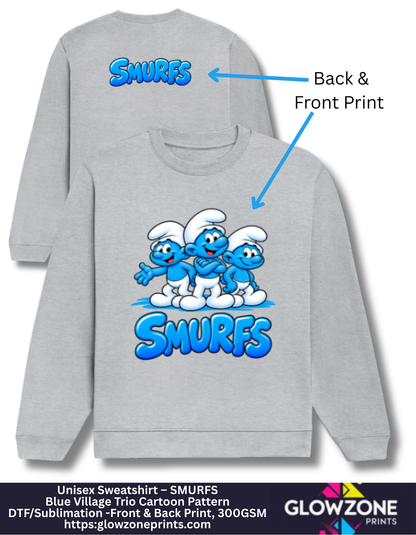 Unisex Sweatshirt – Blue Village Trio Cartoon Pattern Grey Melange GlowZonePrints