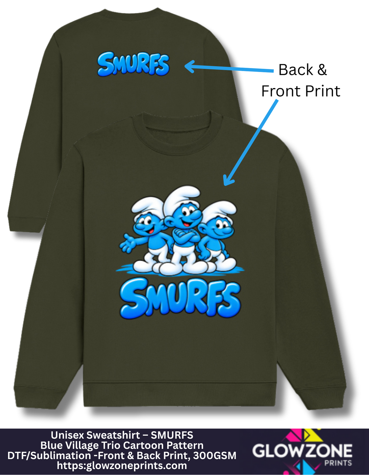Unisex Sweatshirt – Blue Village Trio Cartoon Pattern Olive Green GlowZonePrints