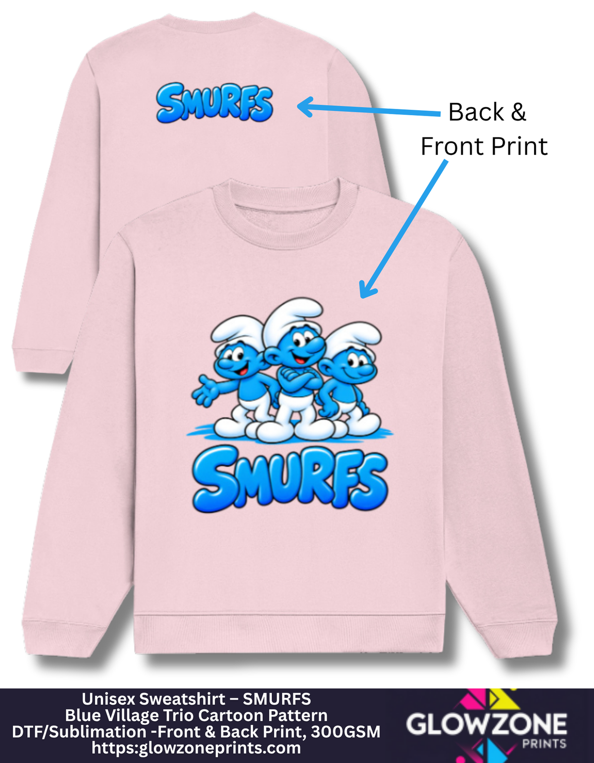 Unisex Sweatshirt – Blue Village Trio Cartoon Pattern Light Baby Pink GlowZonePrints