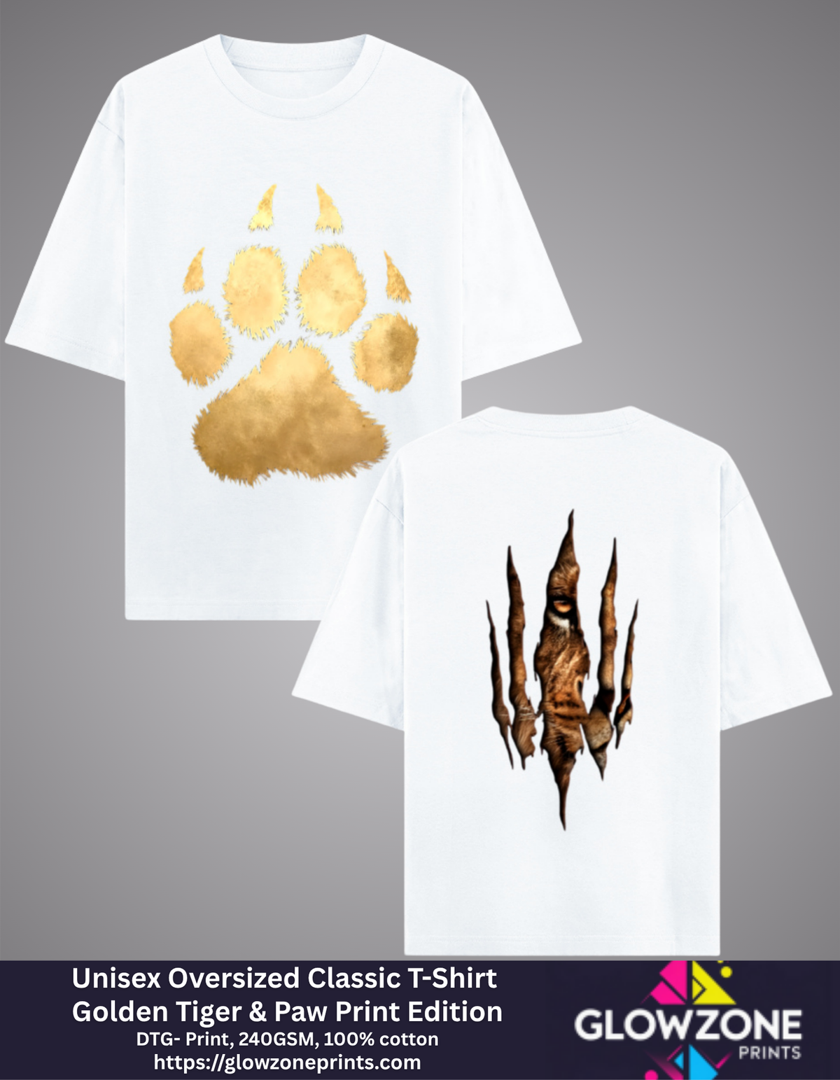 Unisex Oversized Classic T-Shirt – Golden Tiger &amp; Paw Print Edition White GlowZonePrints
