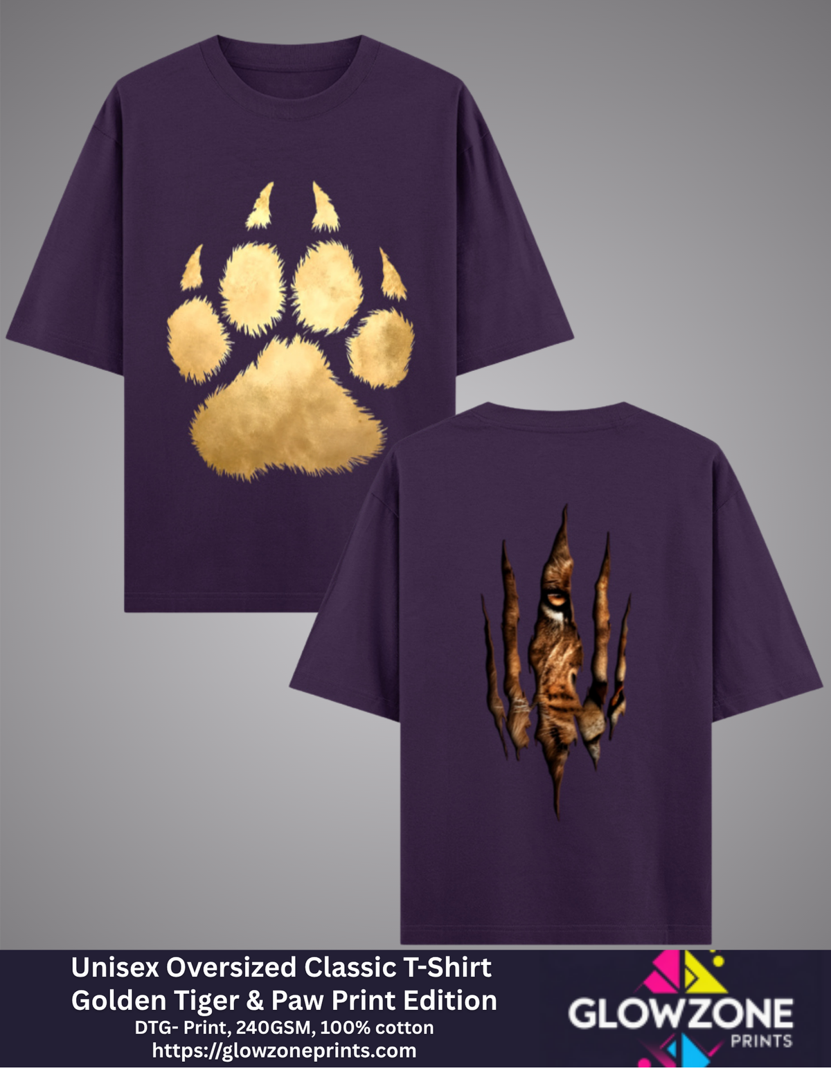 Unisex Oversized Classic T-Shirt – Golden Tiger &amp; Paw Print Edition Purple GlowZonePrints